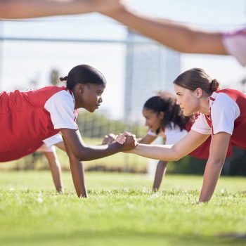 Teamwork, sports and health with a team training together in collaboration or solidarity for practi.